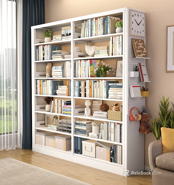 White Bookshelf With Multiple Shelves Books Decorative Items Plants Storage Boxes Photo Frames And Baskets 3d model 