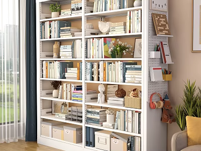 White Bookshelf With Multiple Shelves Books Decorative Items Plants Storage Boxes Photo Frames And Baskets 3d model