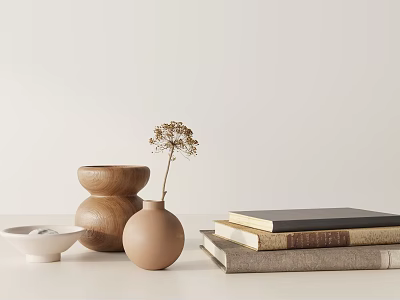 Minimalist Decorative Ornament Combination With Wooden Vase Ceramic Jar Dried Flowers And Stacked Books 3d model