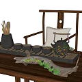 Natural Wooden Tea Set With Teapot Teacups And Tray On Wooden Table With Decorative Plants