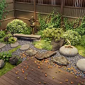 Courtyard Garden Design With Rocks Bamboo Lush Green Plants And Wooden Deck