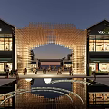 Contemporary Building Facade Featuring Wooden Arch Design Illuminated Evening Commercial Space With Pedestrians