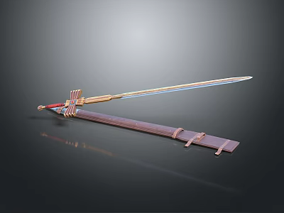 Ornate Decorative Sword With Golden Accents Blue Blade Red Hilt And Brown Leather Scabbard Straps 3d model