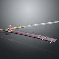 Ornate Decorative Sword With Golden Accents Blue Blade Red Hilt And Brown Leather Scabbard Straps