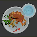 Colorful Tableware Including White Plate With Spring Rolls French Fries Tomato Slices And Pink Goblet
