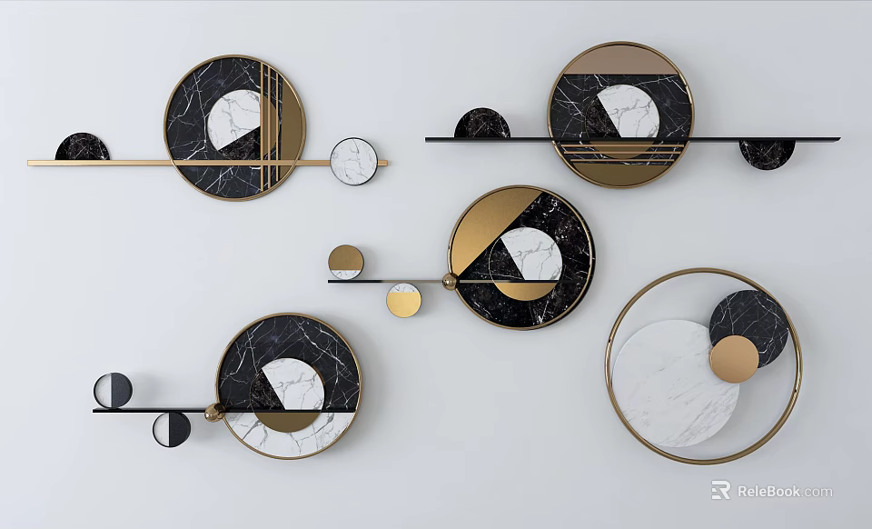 Modern Circular Wall Decor With Marble Texture Geometric Design And Golden Metal Elements 3d model