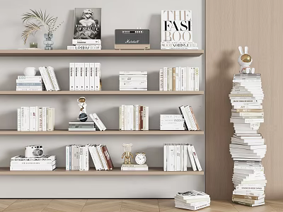 Books And Magazines Display On Wooden Shelves With Decorative Items And Stacked Books 3d model