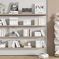 Books And Magazines Display On Wooden Shelves With Decorative Items And Stacked Books