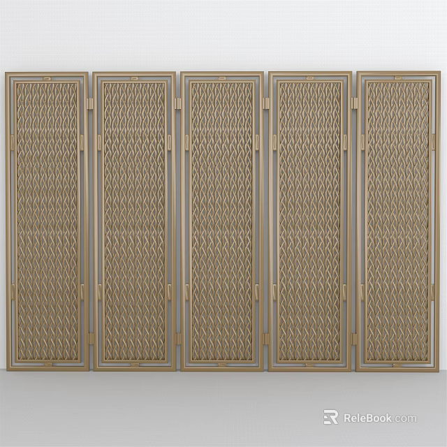 Five Panel Decorative Screen With Golden Frame And Woven Texture For Home Decor 3d model