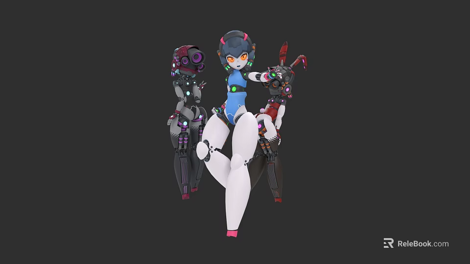 Futuristic Cyber Woman With Mechanical Arms Blue And White Tech Design 3d model 
