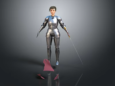 A Woman in Silver Armor Holding a Sword with Red Cloth Fragments on Gray Background 3d model