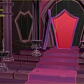 Purple And Pink Architectural Structure With Red Shield Shape Steps Black Stools And Arched Entrance
