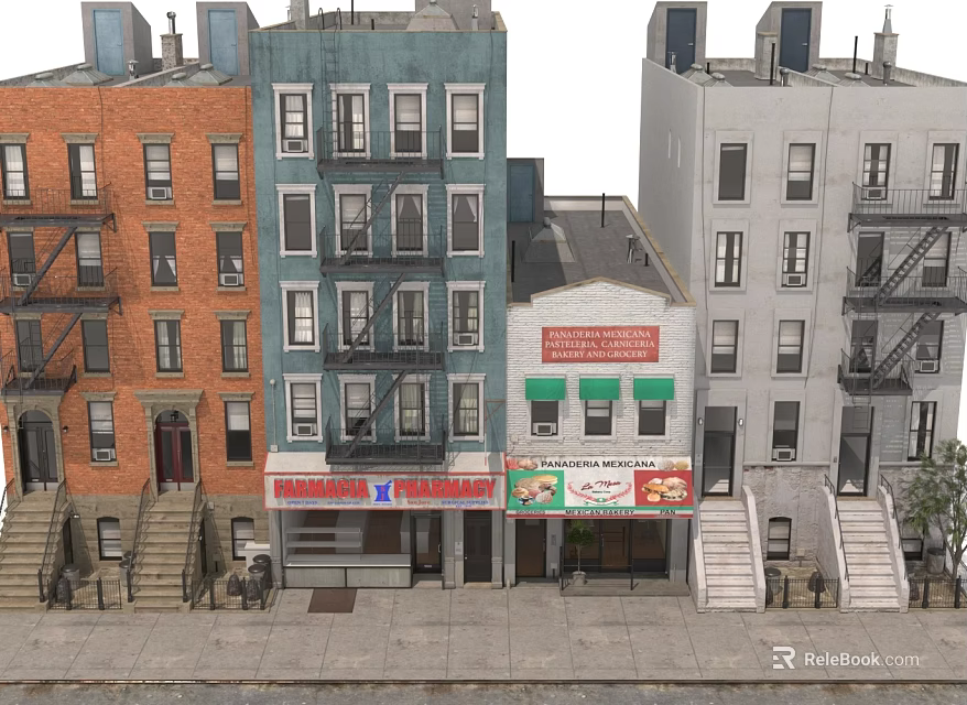 Urban Multi Story Apartment Buildings Street View With Colorful Facades Storefronts Staircases And Fire Escapes 3d model 