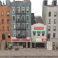 Urban Multi Story Apartment Buildings Street View With Colorful Facades Storefronts Staircases And Fire Escapes