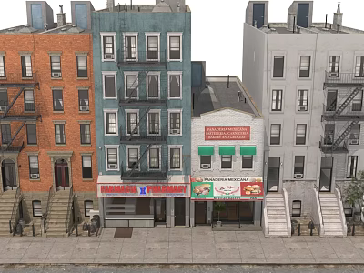 Urban Multi Story Apartment Buildings Street View With Colorful Facades Storefronts Staircases And Fire Escapes 3d model