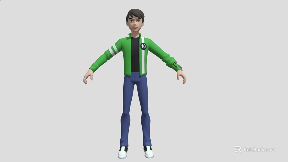 Man Wearing Green Jacket White Stripes Black T-shirt Blue Pants White Shoes Arms Outstretched 3d model 