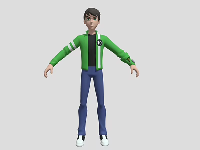 Man Wearing Green Jacket White Stripes Black T-shirt Blue Pants White Shoes Arms Outstretched 3d model