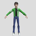 Man Wearing Green Jacket White Stripes Black T-shirt Blue Pants White Shoes Arms Outstretched
