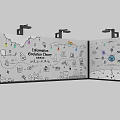 Hand Drawn Information Exhibition Display Wall With Open Layout And Icons Like Rainbow Lightbulb Buildings