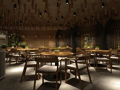 Modern Restaurant Interior With Wooden Decor Pendant Lights Round Tables And Chairs 3d model