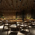 Modern Restaurant Interior With Wooden Decor Pendant Lights Round Tables And Chairs