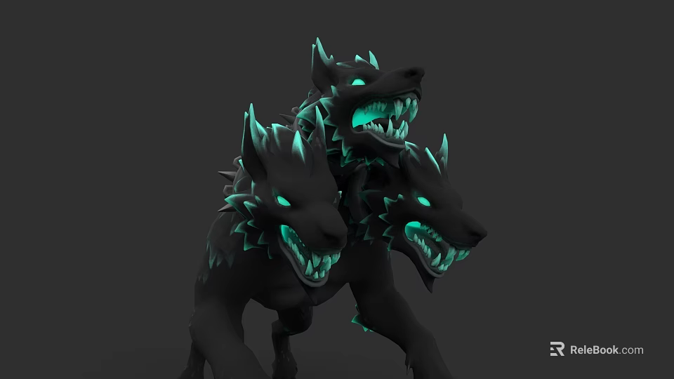 Three Headed Black Wolf Creature With Green Glowing Eyes And Mouth 3d model 