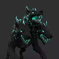 Three Headed Black Wolf Creature With Green Glowing Eyes And Mouth