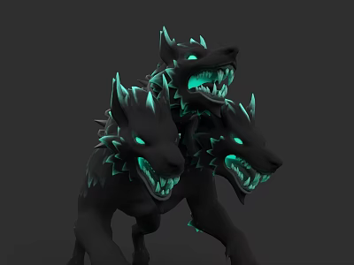 Three Headed Black Wolf Creature With Green Glowing Eyes And Mouth 3d model