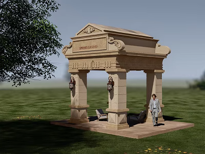 Elegant Stone Pergola With Carved Details And Lanterns In Garden Lawn 3d model