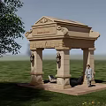 Elegant Stone Pergola With Carved Details And Lanterns In Garden Lawn