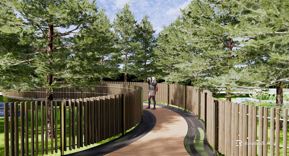 Scenic Landscape Bridge With Green Trees Wooden Fences And Winding Pathway 3d model 