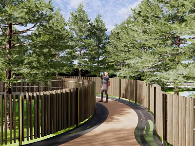 Scenic Landscape Bridge With Green Trees Wooden Fences And Winding Pathway 3d model