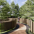 Scenic Landscape Bridge With Green Trees Wooden Fences And Winding Pathway