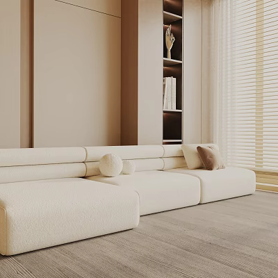 Modern Three Seater Sofa In Beige Fabric With Window Blinds And Bookshelf 3d model