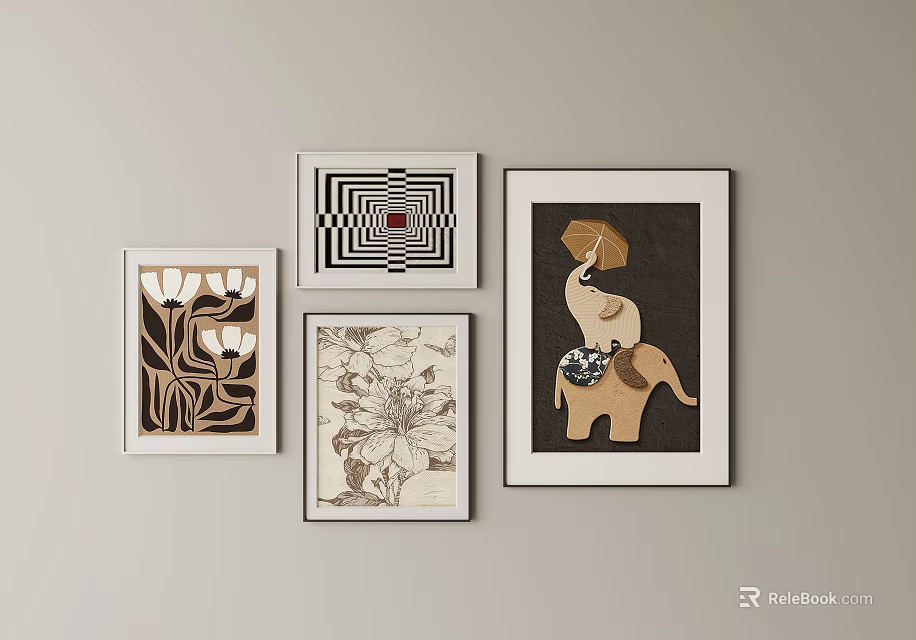 Stylish Picture Frames With Floral Geometric Elephant Artwork For Wall Decor 3d model