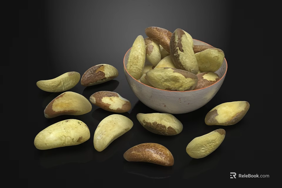 Brazil Nuts in Ceramic Bowl with Scattered Nuts on Black Background 3d model 