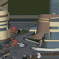 Modern Commercial Street District With Green Roof Buildings And Waterfront Area