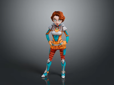 Futuristic Game Movie Character With Red Hair And Blue Orange Mechanical Armor Boots 3d model
