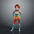Futuristic Game Movie Character With Red Hair And Blue Orange Mechanical Armor Boots
