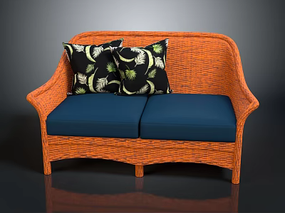 Orange Rattan Two Seater Sofa With Blue Cushions And Leaf Patterned Pillows 3d model