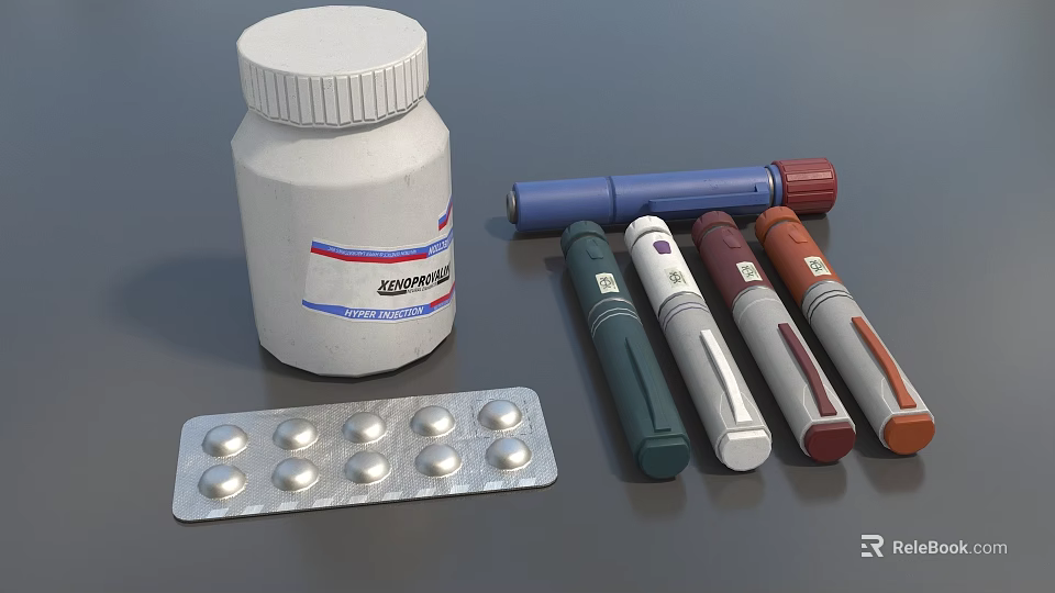 Essential Daily Life Medical Supplies Including White Medicine Bottle Tablet Blister Pack And Injection Pens 3d model 