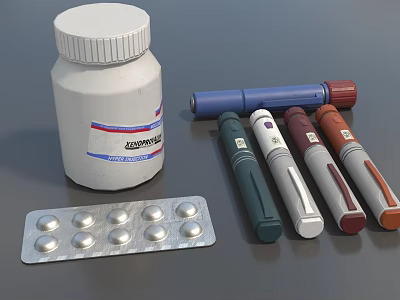 Essential Daily Life Medical Supplies Including White Medicine Bottle Tablet Blister Pack And Injection Pens 3d model