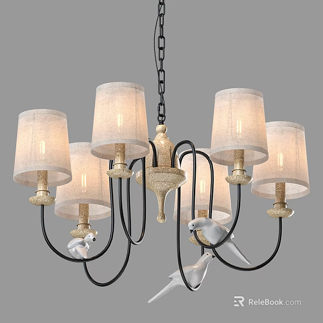 Elegant Chandelier With Multiple Light Fabric Shades Black Metal Frame And White Bird Accents 3d model 