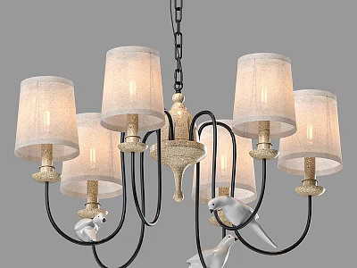 Elegant Chandelier With Multiple Light Fabric Shades Black Metal Frame And White Bird Accents 3d model