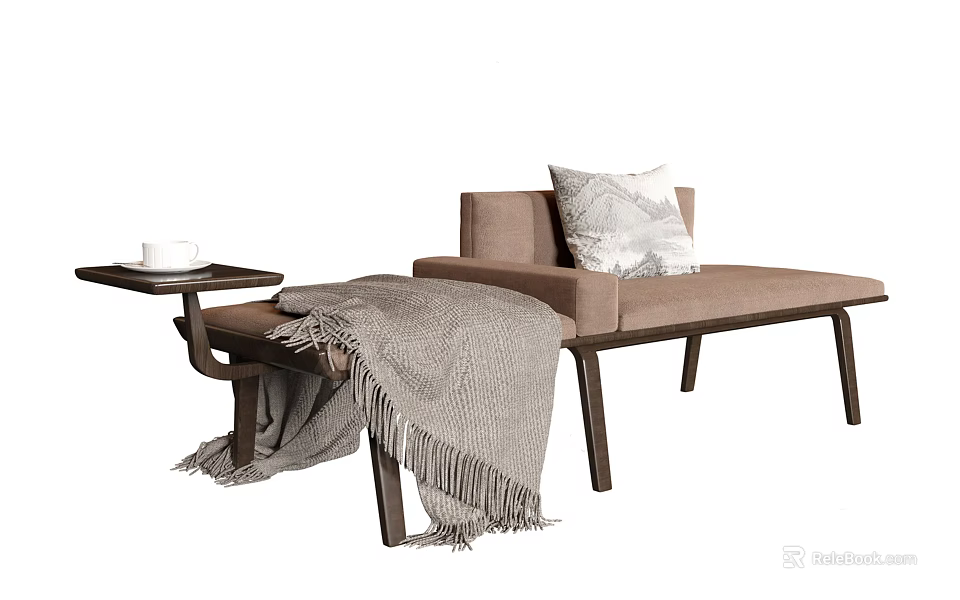 Modern Chaise Lounge With Pillow Blanket Side Table And Tea Cup 3d model 