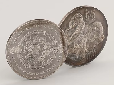Shiny Silver Decorative Plates With Intricate Engravings And Text For Home Living Accessories 3d model