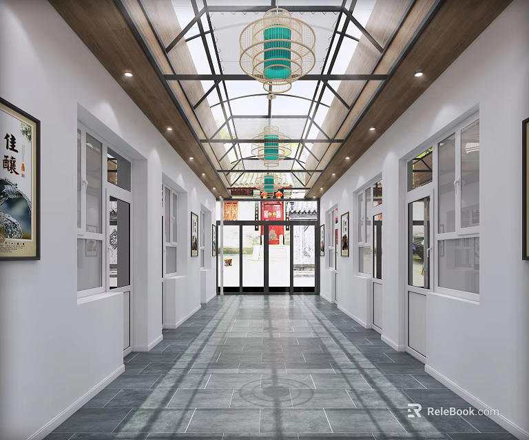 Modern Elevator Hallway Design With Glass Ceiling Pendant Lights And Paintings 3d model 