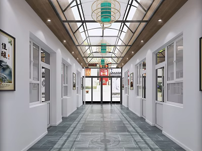 Modern Elevator Hallway Design With Glass Ceiling Pendant Lights And Paintings 3d model