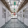 Modern Elevator Hallway Design With Glass Ceiling Pendant Lights And Paintings