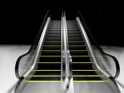 Sleek Modern Escalator Design With Metal Handrails And Yellow Illuminated Steps 3d model